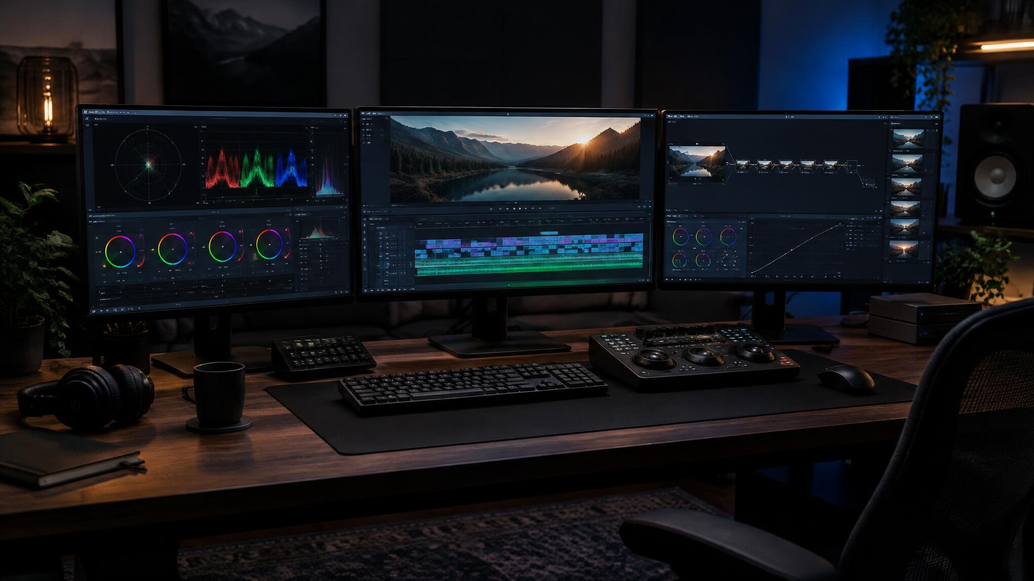 Video editing workstation with multiple monitors showing colour grading timelines
