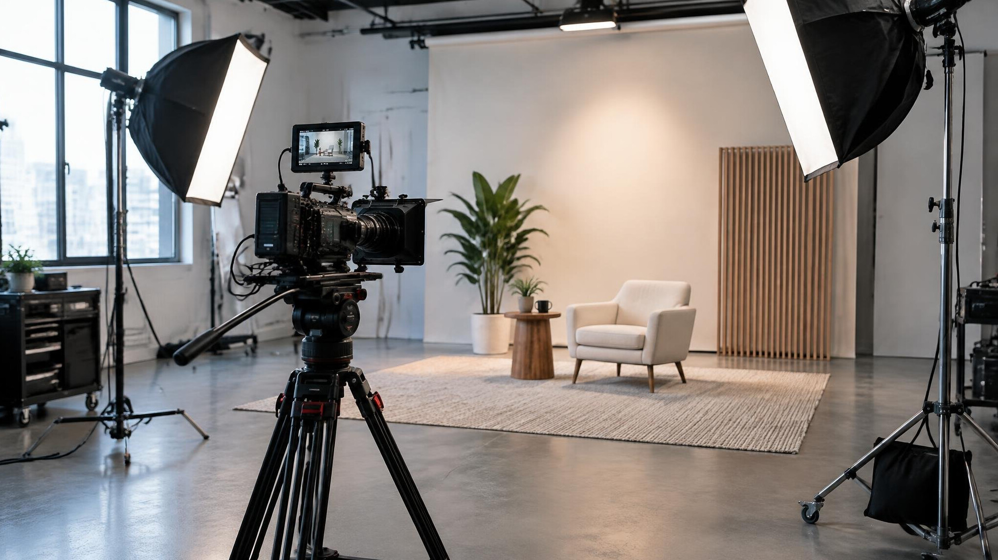 Video production studio with camera and softbox lighting arranged for filming
