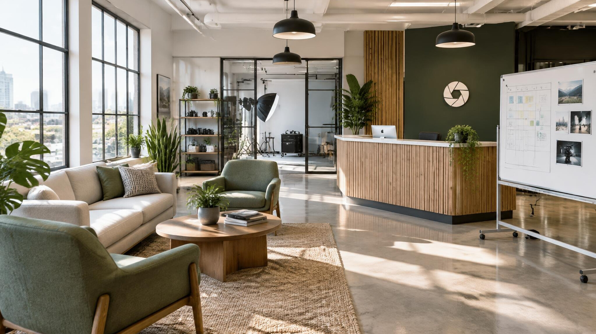 Bright modern office space with a meeting area used for planning content shoots