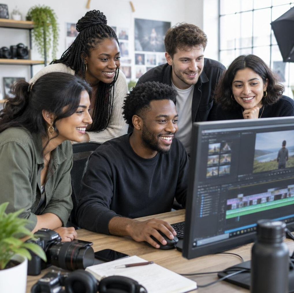 Diverse team of content creators collaborating around a monitor in a production studio