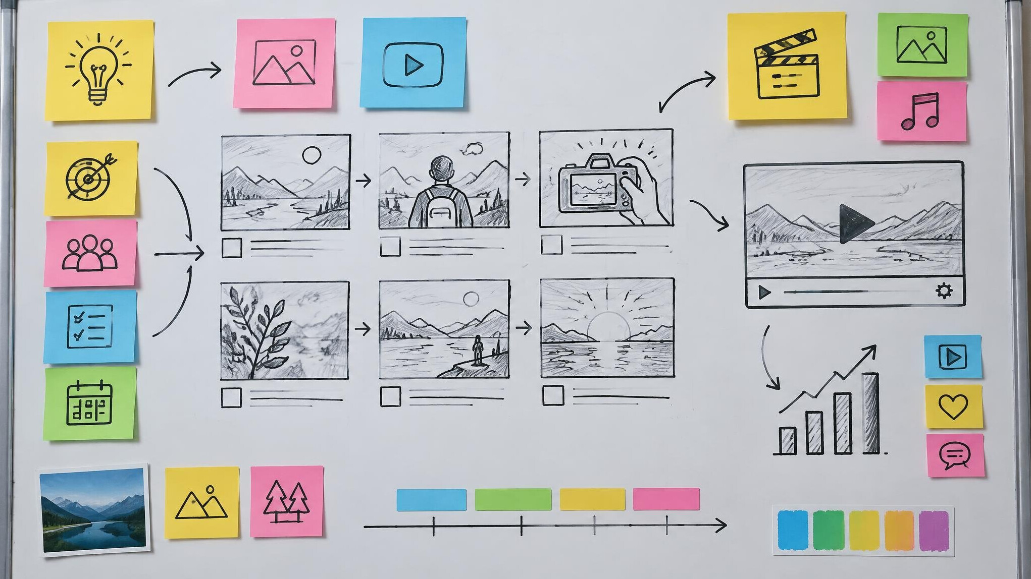 Whiteboard covered with sticky notes and a storyboard sketch for planning a video shoot